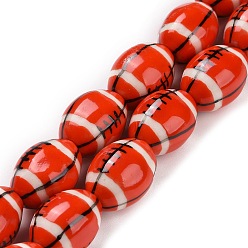 Rouge Brins de perles de porcelaine faites à la main, de rugby, rouge, 16x11mm, Trou: 1.6mm, Environ 22 pcs/chapelet, 13.98'' (35.5 cm)