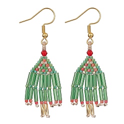 Golden Christmas Tree Dangle Earrings for Women, Seed Beads Tassel Earring with 304 Stainless Steel Earring Hooks, Golden, 55x21mm