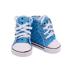 Deep Sky Blue PU Leather & Rubber Doll Shoes, for 18 "American Girl Dolls Accessories, with Glitter Dot, Deep Sky Blue, 70~75x40~45mm
