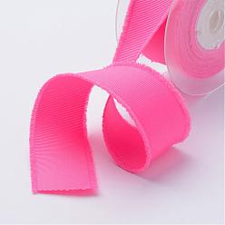 Hot Pink Polyester Frayed Grosgrain Ribbons, Printed, with Fringe Tassel, Hot Pink, 1-1/2 inch(38mm), about 50yards/roll(45.72m/roll)