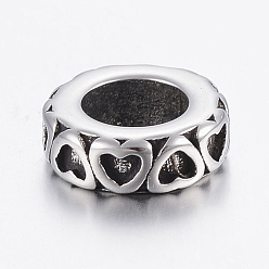 Antique Silver 304 Stainless Steel Beads, Large Hole Beads, Donut with Heart, Antique Silver, 10x3.5mm, Hole: 6mm