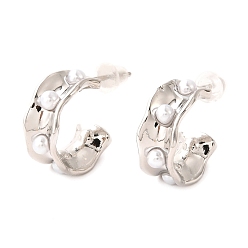Real Platinum Plated Brass Dangle Stud Earrings, with Shell Pearls, Long-Lasting Plated, Ring, Real Platinum Plated, 15.5x14x6mm, Pin: 0.6mm