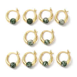 Punto Verde Piedra Pendientes de aro con cuentas redondas de jaspe de mancha verde natural, joyas de latón chapado en oro real 18k, sin plomo y cadmio, 19x15x6.5 mm