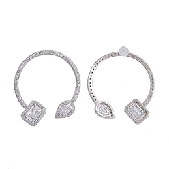 Real Platinum Plated Brass Micro Pave Clear Cubic Zirconia Stud Earrings, Half Hoop Earrings, with Plastic Ear Nut, Long-Lasting Plated, Rectangle and Teardrop, Real Platinum Plated, 31.5x27mm, Pin: 0.8mm