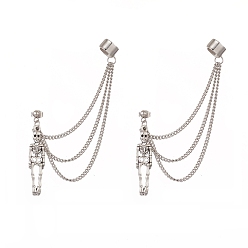 Antique Silver & Stainless Steel Color Skeleton Tibetan Style Alloy Dangle Stud Earrings, Brass Ear Cuff Earrings for Women, 304 Stainless Steel Curb Chains Tassel Earrings, Antique Silver & Stainless Steel Color, 88mm, Pin: 0.8mm