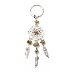 Unakite Natural Unakite Keychain, with Iron, 304 Stainless Steel & Alloy Findings, Woven Net/Web with Feather, 11.4~11.8cm