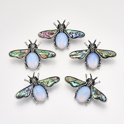 Opalite Opalite Brooches/Pendants, with Rhinestone and Alloy Findings, Abalone Shell/Paua Shelland Resin Bottom, Bee, Antique Silver, 36x56.5x14mm, Hole: 7x4mm, Pin: 0.7mm