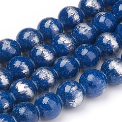 Bleu Moyen  Chapelets de perles en jade naturel, couleur argent brossé, teint, ronde, bleu moyen, 8mm, Trou: 0.8mm, Environ 50 pcs/chapelet, 15.7 pouce (40 cm)