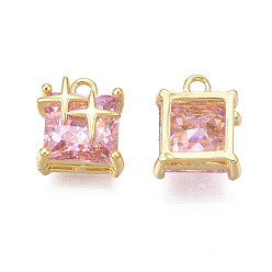 Pearl Pink Brass Inlaid Cubic Zirconia Charms, Real 18K Gold Plated, Square with Star, Pearl Pink, 11x9.5x6.5mm, Hole: 1.6mm