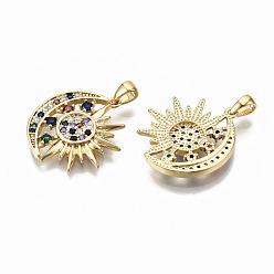 Real 18K Gold Plated Brass Micro Pave Colorful Cubic Zirconia Pendants, Sun with Moon, Nickel Free, Real 18K Gold Plated, 21x18.5x2.5mm, Hole: 2x3mm