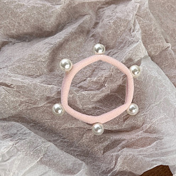 Misty Rose Hexagon Cloth Elastic Hair Accessories, Plastic Imitation Pearl Bead Hair Ties, for Girls or Women, Misty Rose, 50mm