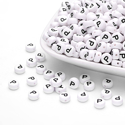 Letter P Perles acryliques, avec trou horizontal, lettre, plat rond, letter.p, 7x4mm, Trou: 1mm, environ3500 pcs / 500 g