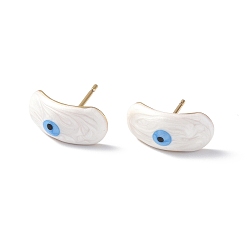White Enamel Curved Oval with Evil Eye Stud Earrings, Real 18K Gold Plated Brass Jewelry for Women, White, 7.5x15.5mm, Pin: 0.8mm