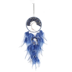 Feather Retro Style Iron & Natural Lapis Lazuli Pendant Hanging Decoration, Woven Net/Web with Feather Wall Hanging Wall Decor, 160mm