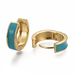 Teal Brass Huggie Hoop Earrings, with Enamel, Long-Lasting Plated, Real 18K Gold Plated, Ring, Teal, 13x4mm, Pin: 1mm