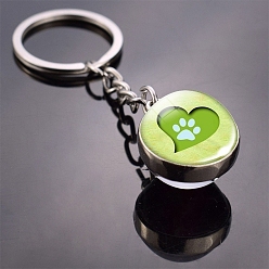 Yellow Green Dog Paw Print Pattern Glass Double-sided Ball Keychains, with Alloy Finding, for Backpack, Keychain Decor, Yellow Green, 8cm