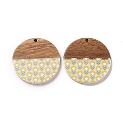 Gold Opaque Resin & Walnut Wood Pendants, Flat Round Charms with Flower Pattern, Gold, 35x4mm, Hole: 2mm