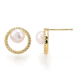 Real 18K Gold Plated Natural Pearl Ring Stud Earrings, Brass Earrings with 925 Sterling Silver Pins, Cadmium Free & Nickel Free & Lead Free, Real 18K Gold Plated, 13mm, Pin: 0.8mm