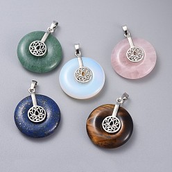 Mixed Stone Natural & Synthetic Mixed Stone Pendants, with Platinum Tone Brass Findings, Donut/Pi Disc with Lotus, 35.5x30x8.5~9.5mm, Hole: 4.5x6.5mm