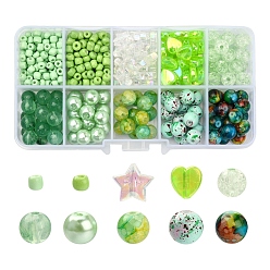 Green DIY Beads Jewelry Making Finding Kit, Including Imitation Gemstone & Pearl & Crackle & Star & Heart & Round Acrylic & Glass Beads, Green, 4~10x3~8.5mm, Hole: 1~2mm, 708Pcs/box