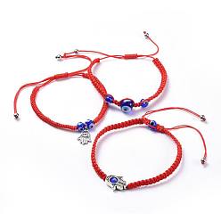 Red Adjustable Nylon Thread Braided Bead Bracelets Sets, with Handmade Lampwork Evil Eye Beads, Tibetan Style Alloy Bead Frames and 304 Stainless Steel Charms, Hamsa Hand/Hand of Fatima/Hand of Miriam, Red, 1-5/8 inch~3-1/2 inch(4.3~8.8cm), 3~4mm, 3pcs/set