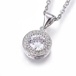 Stainless Steel Color 304 Stainless Steel Pendant Necklaces, with Cubic Zirconia, Clear, Flat Round, Stainless Steel Color, 17.71 inch(45cm)