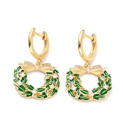 Golden Brass Micro Pave Cubic Zirconia Huggie Hoop Earrings for Christmas, with Enamel, Lead Free & Cadmium Free & Nickel Low, Christmas Wreath, Green, Golden, 31mm, Pin: 0.8mm