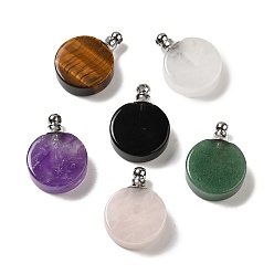 Mixed Stone Natural Mixed Gemstone Perfume Bottle Pendants, Flat Round Charms with Stainless Steel Color Plated 304 Stainless Steel Findings, 27.5x20x7~7.5mm, Hole: 2mm