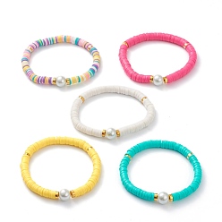 Couleur Mélangete Bracelets élastiques faits à la main de perles heishi en pâte polymère, avec des perles d'espacement en laiton et des perles de verre rondes, couleur mixte, diamètre intérieur: 2-1/8 pouce (5.5 cm)