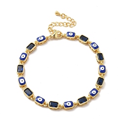 Bleu Bracelet chaîne à maillons rectangulaires en émail mauvais œil et zircone cubique, bijoux en laiton doré pour femme, bleu, 7-1/4 pouce (18.5 cm)