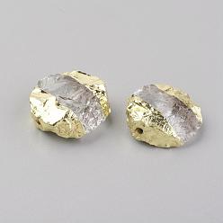 Quartz Crystal Natural Quartz Crystal Beads, with Brass Findings, Flat Round, Golden, 18~19x18~20x7~8mm, Hole: 1.5mm