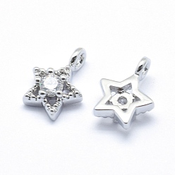 Real Platinum Plated Brass Charms, with Cubic Zirconia, Lead Free & Cadmium Free & Nickel Free, Star, Clear, Real Platinum Plated, 11x7.5x4mm, Hole: 2mm