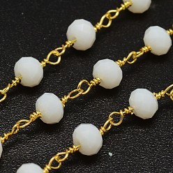 Blanc Chaîne facettée perles de verre à la main, non soudée, avec bobine, avec les accessoires en laiton plaqués or, blanc, 6x4mm, environ 32.8 pieds (10 m)/rouleau