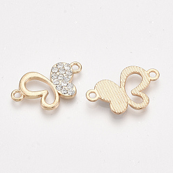 Golden Alloy Links connectors, with Rhinestone, Butterfly, Crystal, Golden, 14x23x2mm, Hole: 1.8mm