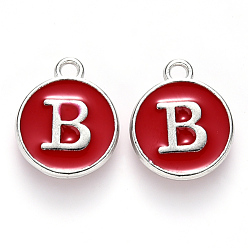 Letter B Platinum Plated Alloy Enamel Charms, Cadmium Free & Lead Free, Enamelled Sequins, Flat Round with Letter, Red, Letter.B, 14x12x2mm, Hole: 1.5mm