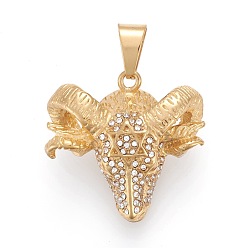 Oro 304 colgantes de acero inoxidable, con diamantes de imitación de cristal, cabeza de cabra con estrella de david, dorado, 37x38x17 mm, agujero: 6.5x12 mm