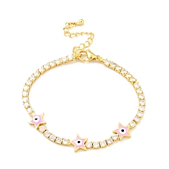 Perlas de Color Rosa Pulsera de estrella con eslabones de esmalte mal de ojo con cadenas de tenis de circonitas cúbicas transparentes, joyas de latón chapado en oro para mujer., sin plomo y cadmio, rosa perla, 6-7/8 pulgada (17.5 cm)