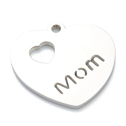 Stainless Steel Color 304 Stainless Steel Pendants, Heart with Word Mom, for Mother's Day, Stainless Steel Color, 19x20x1.5mm, Hole: 1.6mm