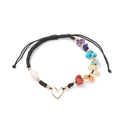 Noir Bracelets de perles tressées en pierres naturelles mélangées et perles d'eau douce, bracelet à maillons coeur en laiton pour homme femme, noir, diamètre intérieur: 2~3-5/8 pouce (5.1~9.1 cm)