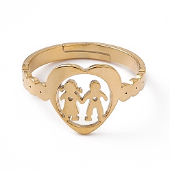 Real 18K Gold Plated Ion Plating(IP) 201 Stainless Steel Heart with Lovers Adjustable Ring for Valentine's Day, Real 18K Gold Plated, US Size 6 1/4(16.7mm)