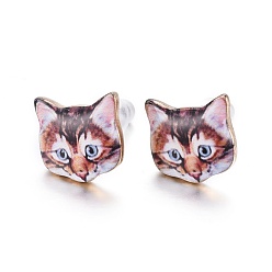 Coconut Brown Real 14K Gold Plated Alloy Kitten Stud Earrings, with Enamel and Environment Stainless Steel Pin, Printed, Cat Pattern, Coconut Brown, 10~10.5x10.5~11mm, pin: 0.7mm