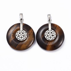 Tiger Eye Natural Tiger Eye Pendants, with Platinum Tone Brass Findings, Donut/Pi Disc with Flower, 35.5x30x8.5~9.5mm, Hole: 4.5x6.5mm