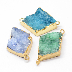 Mixed Color Electroplated Natural & Dyed Druzy Agate Links connectors, with Golden Plated Brass Findings, Rhombus, Mixed Color, 29~32x18~19x7~10mm, Hole: 2mm