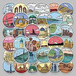 Building Travel Theme Round Dot PVC Scenery Sticker Rolls, Waterproof Tourist Attractions Decals for Suitcase, Skateboard, Refrigerator, Helmet, Mobile Phone Shell, Building Pattern, 55~85mm, 50pcs/bag