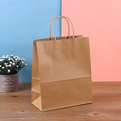 Tan Kraft Paper Bags, with Hemp Rope Handles, Gift Bags, Shopping Bags, Rectangle, Tan, 11x21x27cm