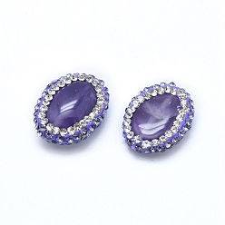 Violet Natural Amethyst Beads, with Polymer Clay Rhinestone, Oval, Violet, 18~20x14~16x5~7mm, Hole: 0.8~1mm