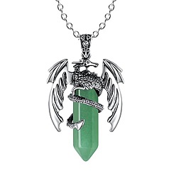 Green Aventurine Natural Green Aventurine Bullet with Dragon Pendant Necklace with Zinc Alloy Chains, 19.69 inch(50cm)