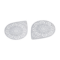 Stainless Steel Color 201 Stainless Steel Filigree Pendants, Etched Metal Embellishments, Drop with Flower, Stainless Steel Color, 48~49x39x0.3mm, Hole: 1mm