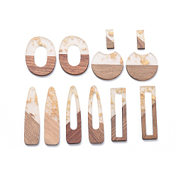 Gold Resin & Walnut Wood Pendants, with Foil, Rectangle & Bullet & Gap Flat Round & Ovale & Snap Hair Clip, Gold, 12pcs/set
