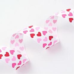 White Polyester Grosgrain Ribbon, with Heart Printed, White, 3/8 inch(9mm), about 100yards/roll(91.44m/roll)